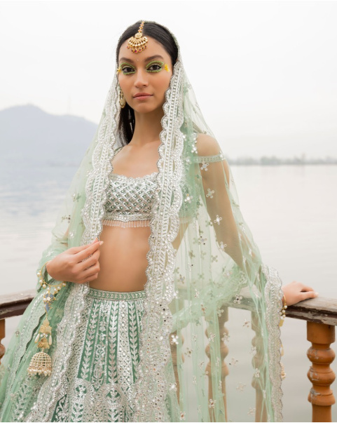 Amber Pastel Green Lehenga Set With Chrome Applique
