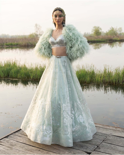 Aiyana Peppermint Green Lehenga Set With Sequins And Tassels