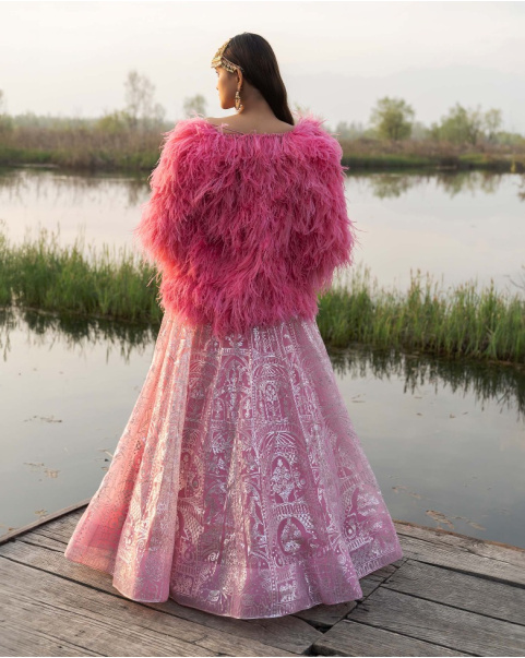 Aileen Pink Carnation Lehenga Set With Feathered Shrug