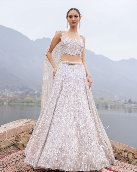 Edith Silver Lehenga Set With Sequins And Swarovski Stones