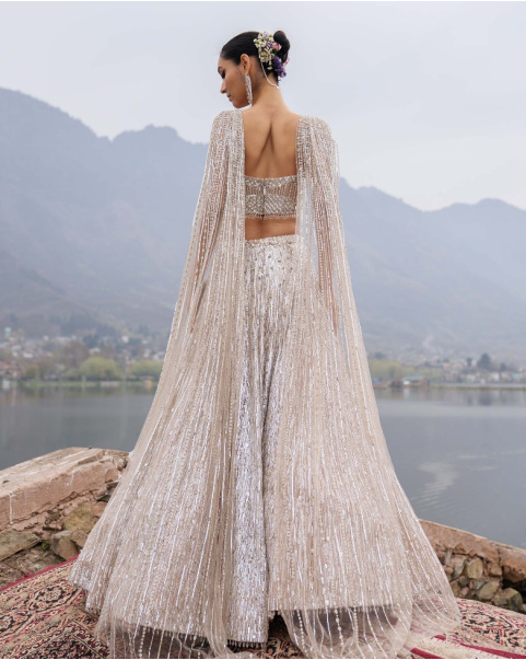 Edith Silver Lehenga Set With Sequins And Swarovski Stones