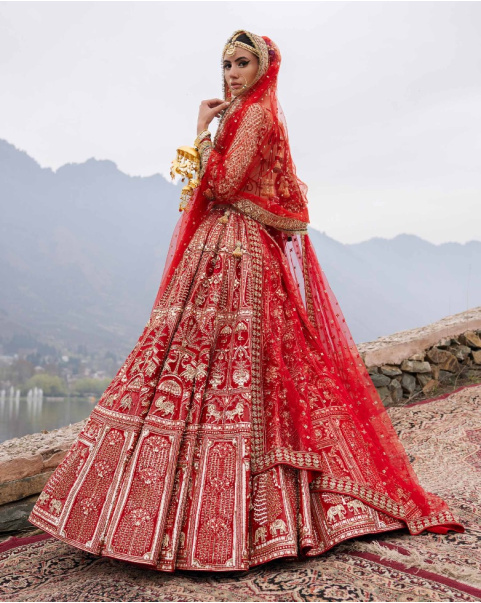 Elin Red Lehenga Set With Golden Chrome Applique
