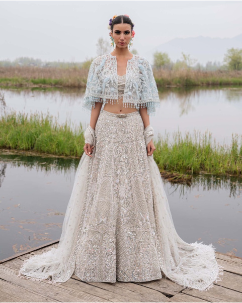 Gwendolyn Light Beige-Based, Silver Lehenga Set With Half-Sleeved Blouse