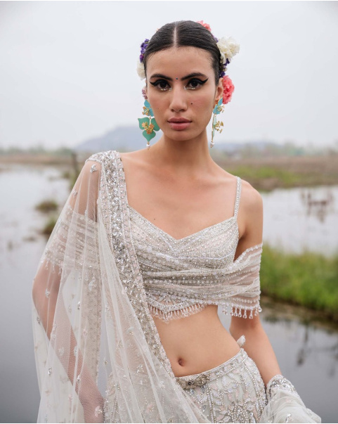 Gwendolyn Light Beige-Based, Silver Lehenga Set With Half-Sleeved Blouse