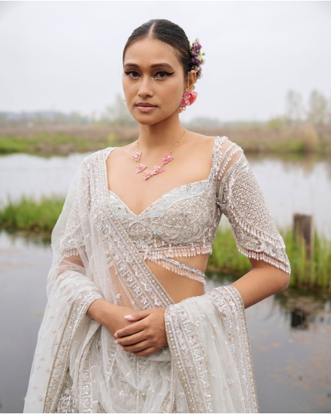 Emmaline Light Grey-Based, Silver Lehenga Set With Powder Pink Sequins