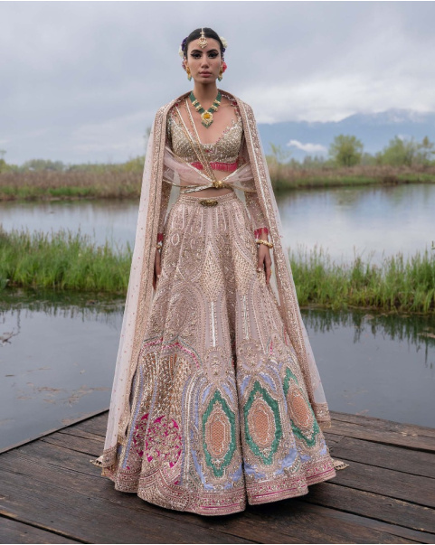 Jacqueline Rose Quartz Pink-Based, Multicoloured Lehenga Set With Tulle Drape