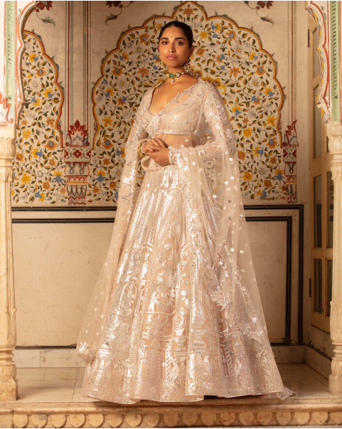 Jolene Lehenga Set Beige Silver Architectural Floral Motifs