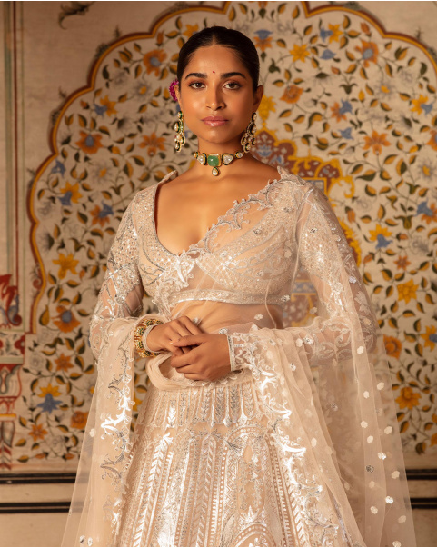 Jolene Lehenga Set Beige Silver Architectural Floral Motifs