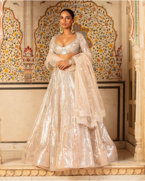 Harper Lehenga Set Peach Silver Architectural Floral Motifs