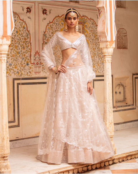Jennifer Lehenga Set Faded Peach Silver Architectural Foliage