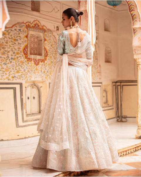 Heather Lehenga Set Faded Peach Sea Blue Architectural Motifs