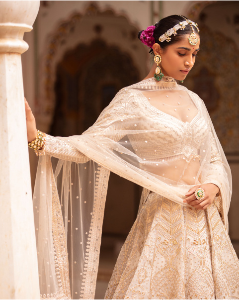 Hailee Powder Pink-Based, Light Gold Lehenga Set With Floral Motifs