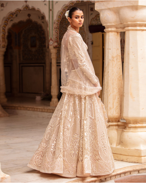 Zayla Powder Pink-Based, Light Gold Lehenga Set With Crystals