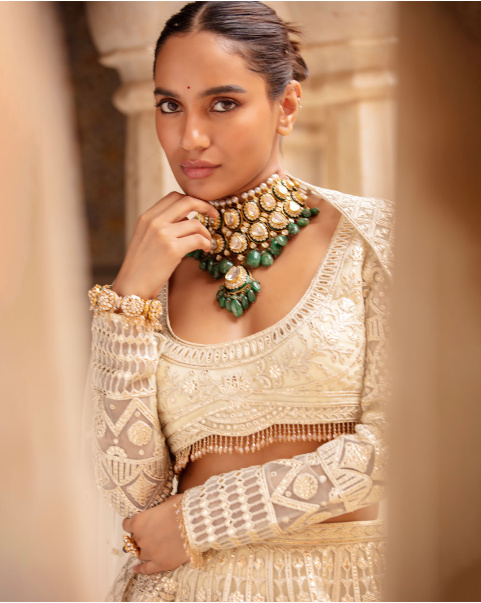 Gracelyn Creme-Based, Light Gold Lehenga Set With Foliage Motifs