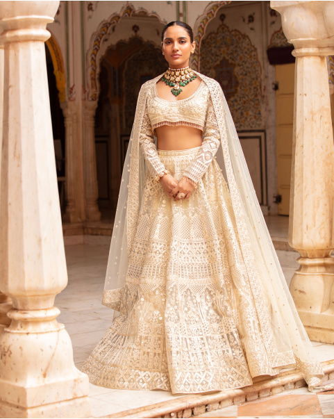 Gracelyn Creme-Based, Light Gold Lehenga Set With Foliage Motifs
