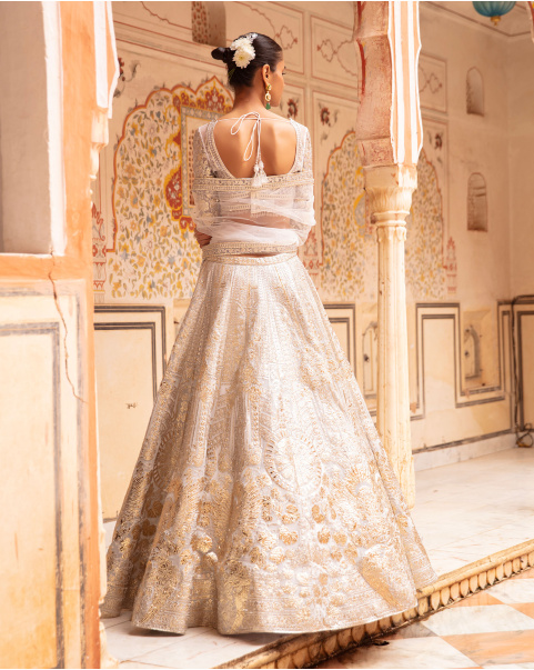 Greta Light Mauve-Based, Golden Lehenga Set With Tassels