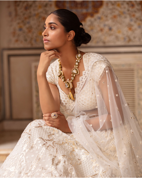 Genevieve Light Peach-Based, Light Gold Lehenga Set With Tulle Dupatta