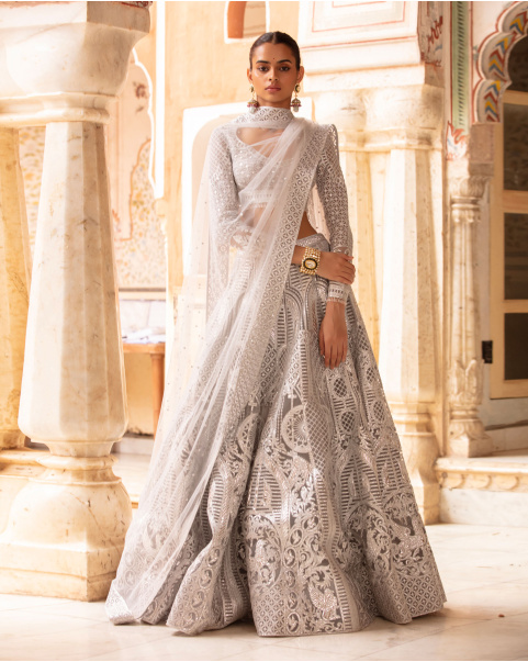 Gabriella Cloud Grey-Based, Silver Lehenga Set With Ivory Threadwork