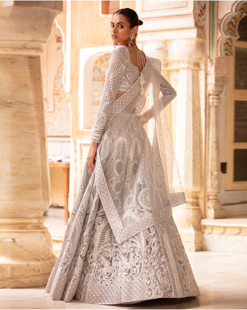 Gabriella Cloud Grey-Based, Silver Lehenga Set With Ivory Threadwork
