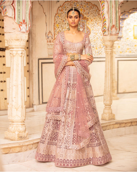 Faye Rose Quartz Pink, Light Gold Lehenga Set With Geometric Motifs