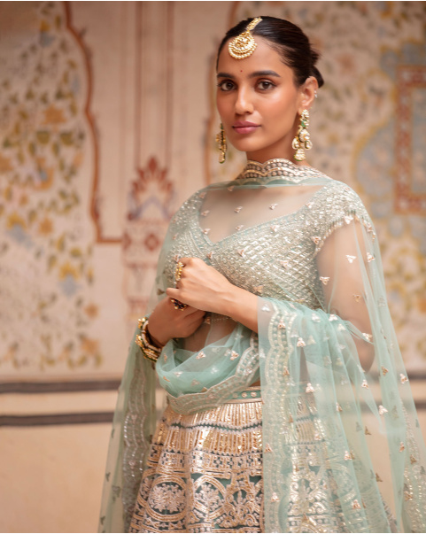 Everly Opal Blue, Light Gold Lehenga Set With Cropped Blouse