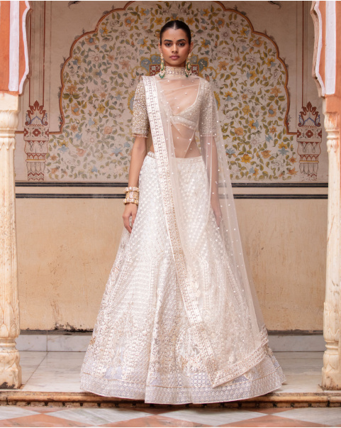 Ellen Ivory-Based, Light Gold Lehenga Set With Deep Neck