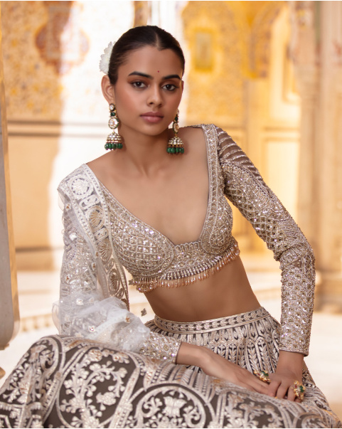 Elizabeth Dark Grey, Light Gold Lehenga Set With Chrome Applique