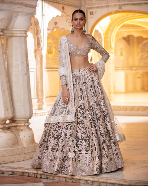 Elizabeth Dark Grey, Light Gold Lehenga Set With Chrome Applique