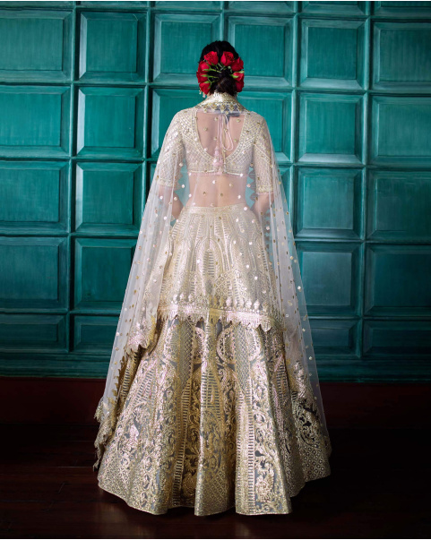 Célestine Grey-Based, Golden Chrome Applique Lehenga Set