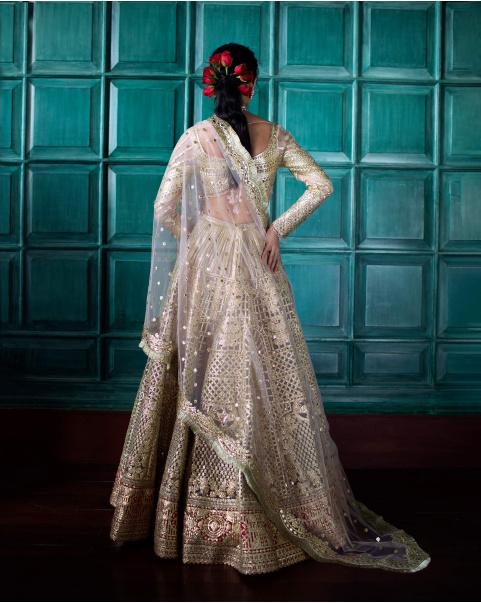 Rolande Pink-Based, Golden Chrome Applique Lehenga Set
