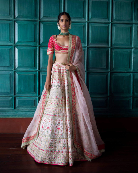 Isabeau Light Pink-Based Lehenga Set Featuring Architectural Motifs