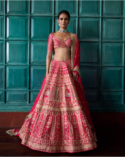 Sheree Fuschia Pink Lehenga Set Featuring Grid Motifs
