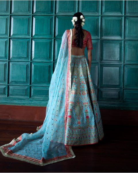 Cezanne Turquoise Blue Lehenga Set Adorned With Jharokha