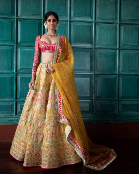 Rosamonde Mustard Yellow Lehenga Set Adorned With Elephants