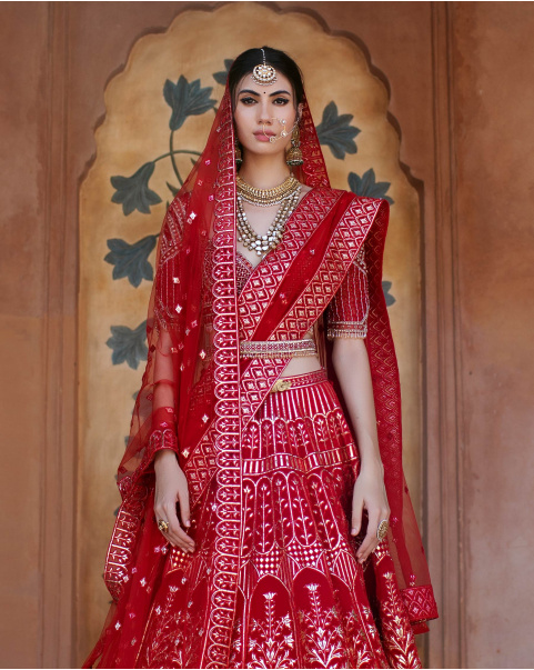 Eléa Red Chrome Applique Lehenga Set Featuring Foliage Motifs
