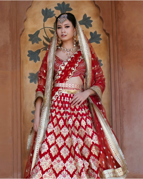 Justyne Red Chrome Applique Lehenga Set Teamed With A Handcrafted Blouse