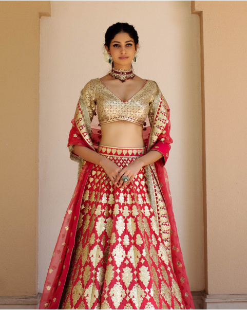 Muriel Coral Red Lehenga Set With Golden Chrome Applique Details