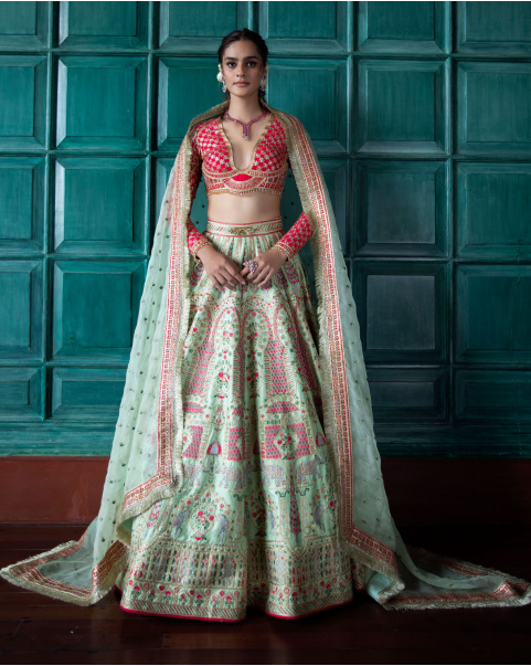 Fayette Light Green-Based Lehenga Set Featuring Floral Motifs
