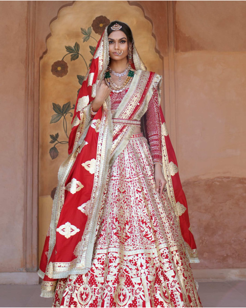 Fosette Red Lehenga Set With Golden Chrome Applique Adornments