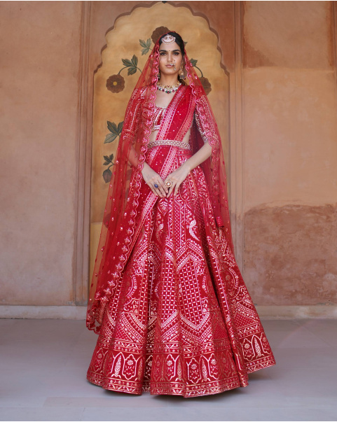 Sorrel Red Chrome Applique Lehenga Set Adorned With Floral Motifs