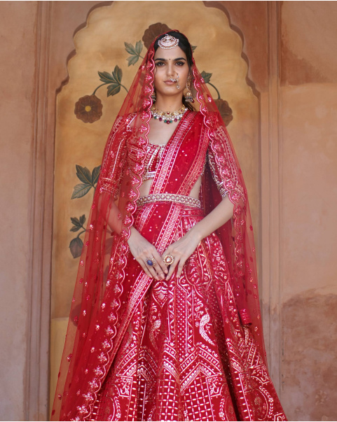 Sorrel Red Chrome Applique Lehenga Set Adorned With Floral Motifs