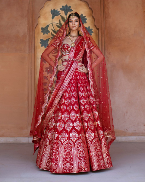 Anelise Red Chrome Applique Lehenga Set Replete With Arch Motifs