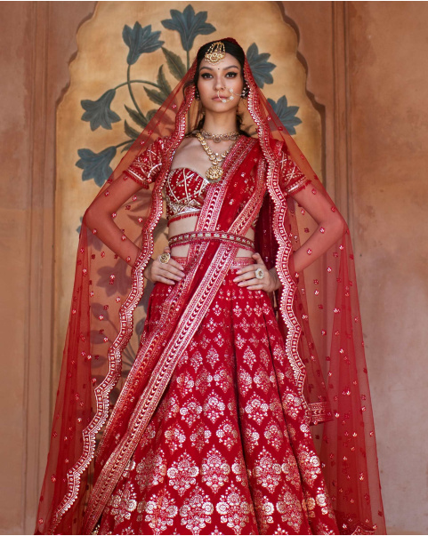 Anelise Red Chrome Applique Lehenga Set Replete With Arch Motifs