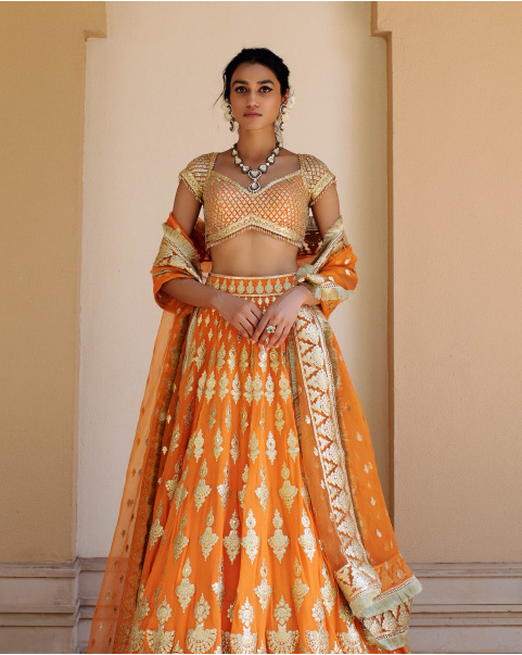 Aveline Orange Chrome Applique Lehenga Set Replete With Ethnic Motifs