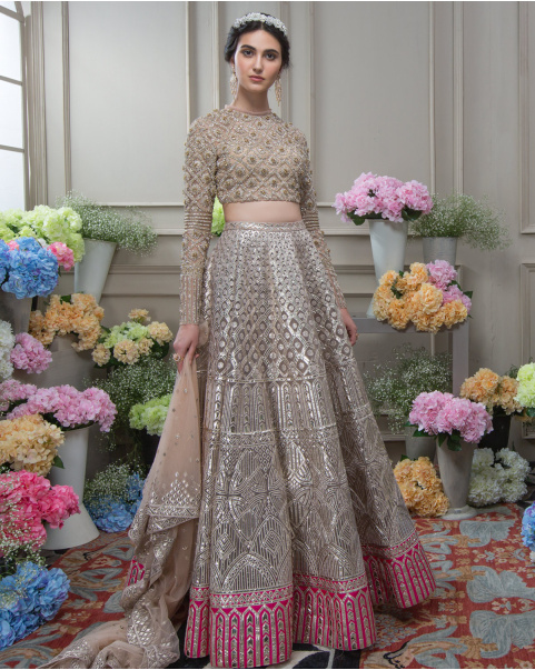 Buy Now Avery Champagne And Hot Pink Chrome Lehenga Set - Falguni Shane Peacock