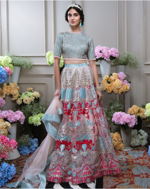 Buy Misty Blue & Fuchsia Rose Chrome Applique Lehenga - Falguni Shane Peacock