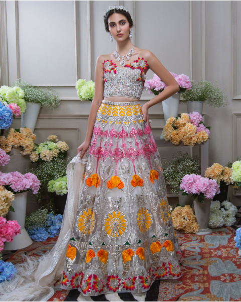 Buy Multi-hued Chrome Applique Lehenga - Falguni Shane Peacock