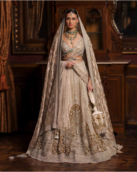 Daisy Beige & Golden Lehenga Set With Intricate Embroidery