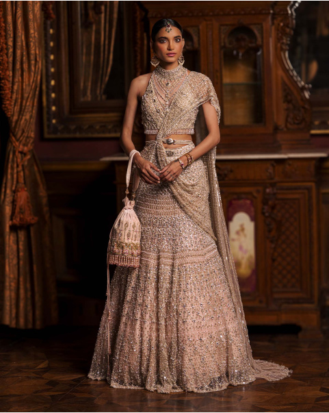 Odile Light Pink Lehenga Set With Golden & Silver Embroidery