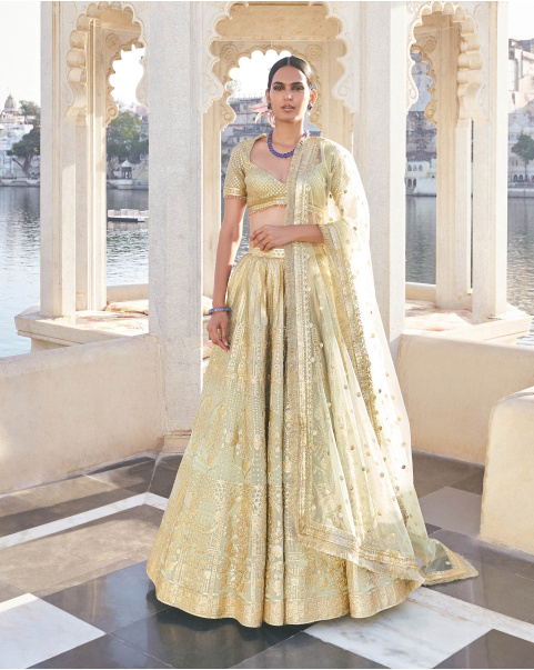 Harsya Sage Green Chrome Applique Georgette Lehenga Set
